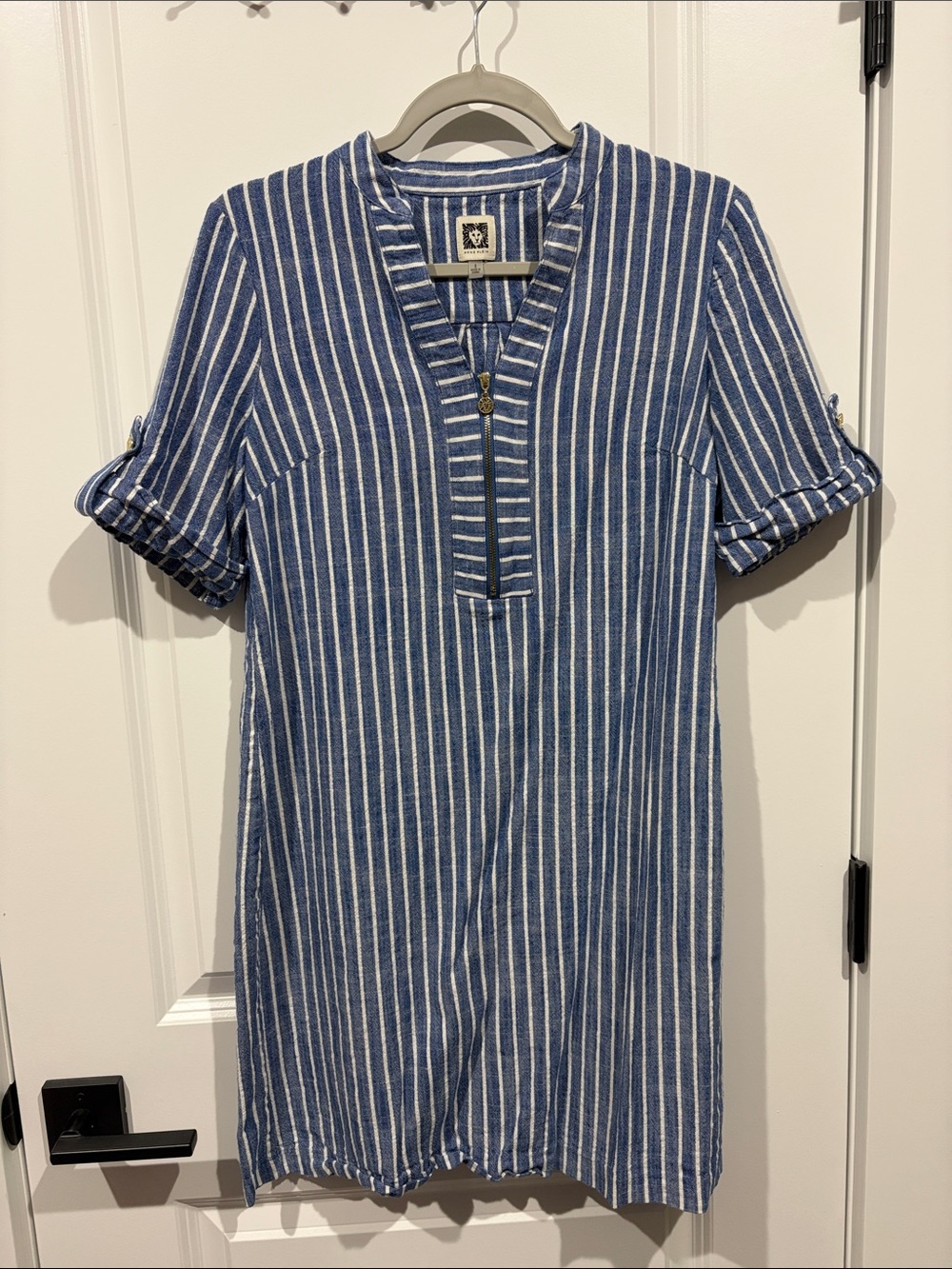Anne Klein Blue and White Striped Short Sleeve Tunic Dress